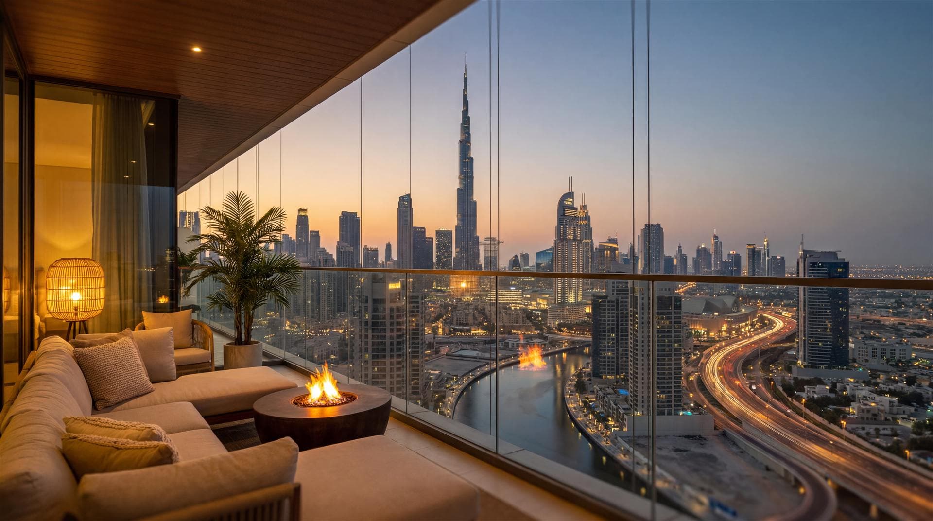 A balcony lounge with a lit fire pit overlooking Burj Khalifa and the Business Bay canal at dusk